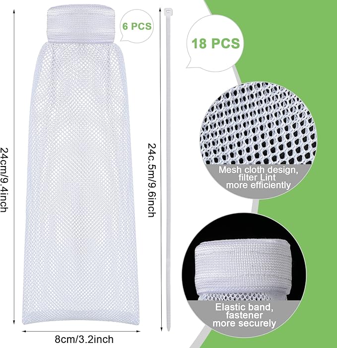 Shappy 24 Pieces Washing Machine Lint Traps and Cable Ties Set 6 Nylon Mesh Lint Trap for Discharge Hoses and 18 Cable Ties Fits Most Washing Machines(White)