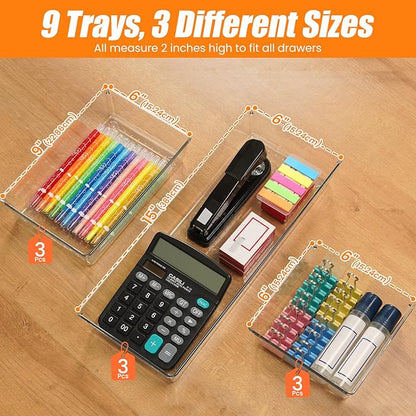 9 Pack Clear Plastic Drawer Organizer Set, Acrylic Non Slip Non Cracking Kitchen Drawer Storage Tray Large Size Divider, Multifunctional Storage for Cosmetics, Bathroom, Tools, Kitchen and Office