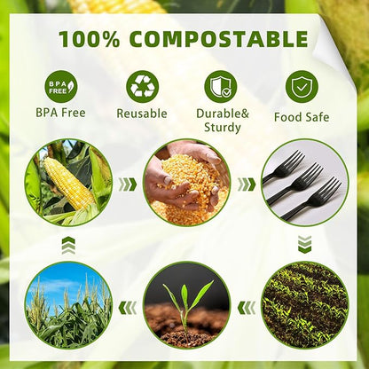 300 Count Compostable Forks, Non Plastic Forks, Black Disposable Forks, Heavy Duty Plastic Silverware, Eco Friendly Compostable Utensils for Party Wedding Picnic