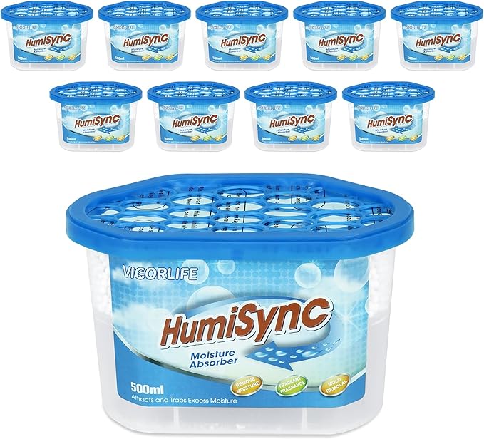 Moisture Absorbers 10 Pack, 16.9oz., Portable Humidity Absorber Boxes for Bathroom, Closet, Kitchen, Dehumidifiers, Attract and Trap Excess Moisture, Convenient and Effective, Blue