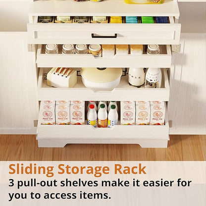 IRONCK Farmhouse Kitchen Pantry Cabinet, 72" Height Tall Freestanding Cupboard with Sliding Storage Rack and 6 Hanging Shelves for Kitchen, Dining Room, White