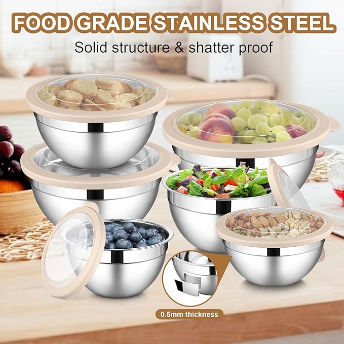 LIANYU Mixing Bowls with Visible Airtight Lids Set, 6Pcs Stainless Steel Kitchen Metal Nesting Bowls, Large Size 7, 3.5, 2.5, 2, 1.5, 1QT for Cooking, Baking, Serving, Dishwasher & Freezer Safe, Khaki
