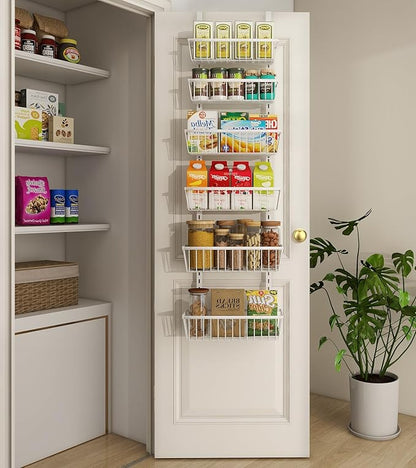 12 Inch Wide Narrow Over The Door Pantry Organizer, Pantry Organization and Storage, 6-Tier Metal Hanging Deep Basket Wall Spice Rack Seasoning Shelves, Home & Kitchen Essentials, White