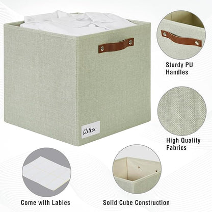 Collapsible Fabric Storage Cube Bins with 2 Reinforced PU Handles, Foldable Storage Organizer Baskets for Closet, Shelves, Living Room | 13"x13"x13", 4 Pack, Sage Green