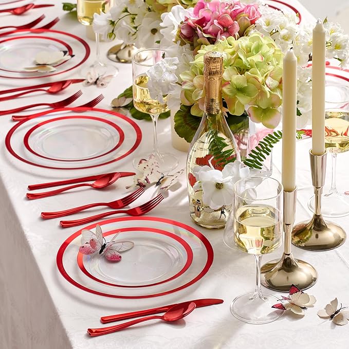 By Madee HEAVYWEIGHT 150 PC Christmas Plastic Plates and Cutlery | Clear and Red Christmas Dinnerware Set | Fancy Disposable Plates for Weddings, Birthdays & Holiday (25 Guests)