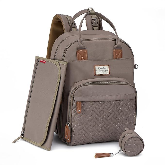 RUVALINO Diaper Bag Backpack, Multifunction Travel Pack Maternity Baby Changing Bags, Large Capacity, Waterproof, Khaki