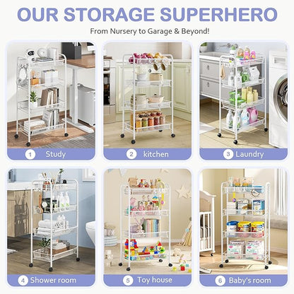 TOOLF 4-Tier Rolling Cart, Metal Utility Cart with 3 Hooks, Easy Assemble Mobile Storage Trolley On Wheels, Metal Shelving Units Kitchen Bathroom Laundry Room