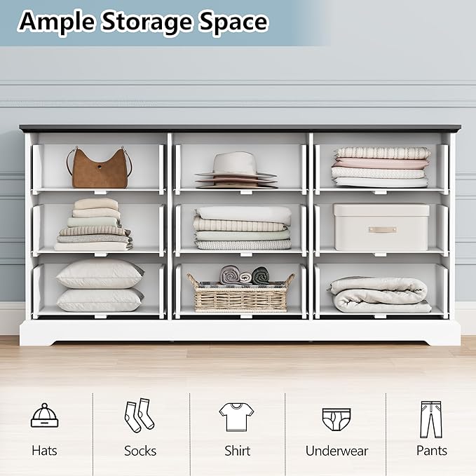 9 Drawer Dresser for Bedroom, 63" Wide Wooden Chest of Drawers, Rustic Farmhouse Dresser with Large Drawers & Metal Handles, Modern Storage Organizer for Closet, Living Room, Hallway, White