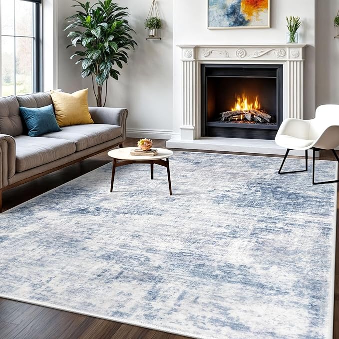 IOHOUZE Abstract Area Rugs 6x9 Ft Washable Rugs for Living Room, Non Slip Dining Room Rug, Printed Faux Wool Rugs for Bedroom, Floor Carpet for Office Nursery Playroom, Light Blue White