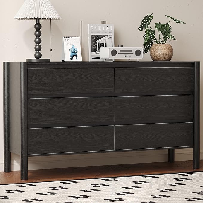 Dresser for Bedroom with 6 Drawers,47" Wide Oak Dresser with 4 Solid Wood Legs, Wooden TV Stand,Closet Clothes Organizer for Bedroom, Hallway