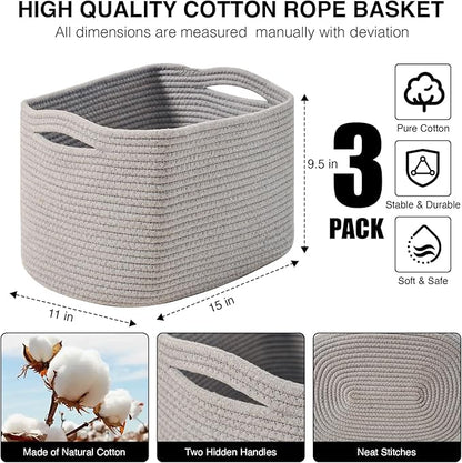 Storage Baskets for Organizing Shelves, Woven Cotton Rope Bins for Baby Nursery Organization, Book Toy Towel Organizer, 15"x11"x9.5", 3 Packs, Grey