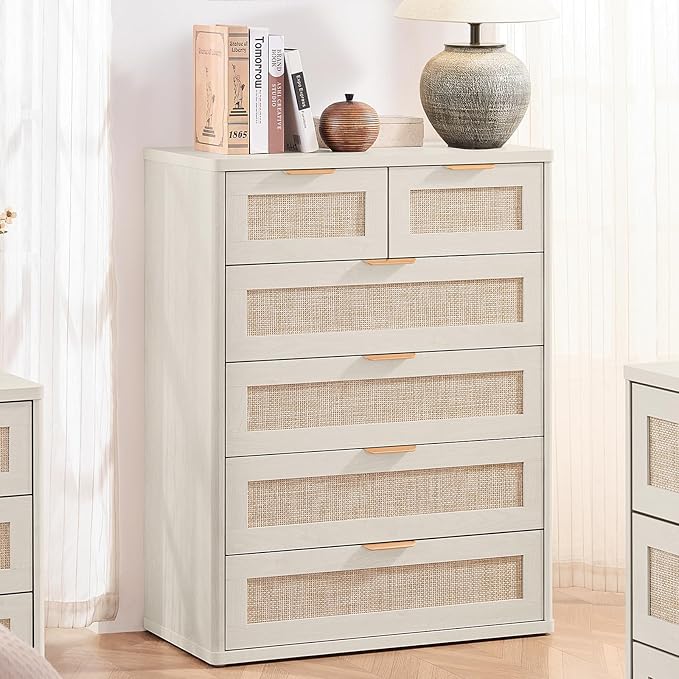 LEYAOYAO White Dresser for Bedroom Set of 2, 42" Tall Chest of Drawers, Modern 6 Drawers Boho Rattan Dressers with Storage, Dresser Wooden Closet Organizer for Living Room, Hallway