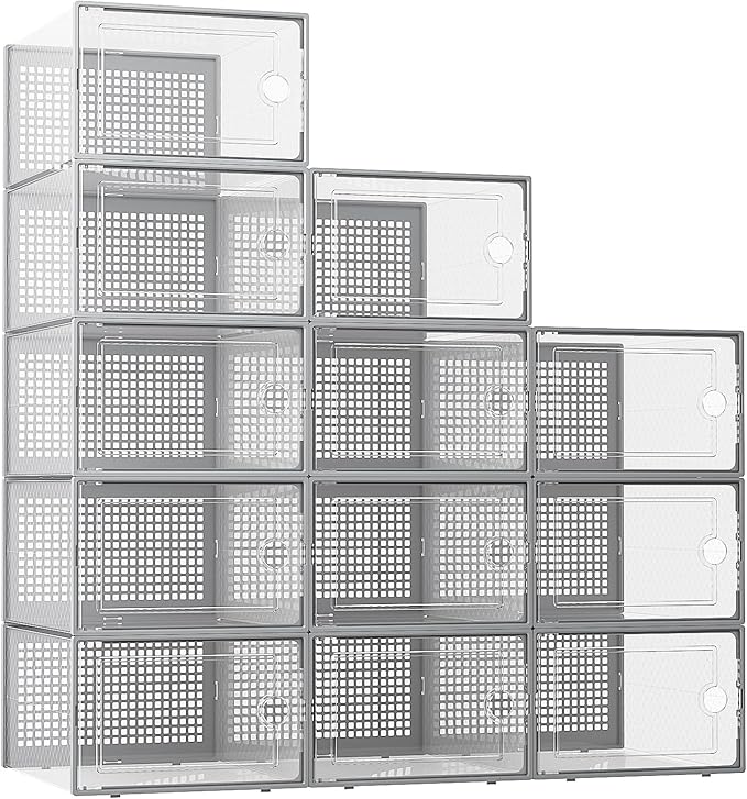 Kuject XX-Large Shoe Storage Boxes Organizers Clear Plastic Stackable 12 Pack, Shoe Rack & Holder Substitute, Sneaker Containers, Toy Storage Organizer Bins for Entryway, Closet, Under Bed, Grey