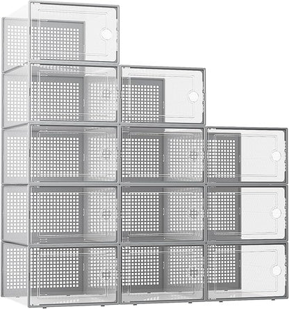 Kuject XX-Large Shoe Storage Boxes Organizers Clear Plastic Stackable 12 Pack, Shoe Rack & Holder Substitute, Sneaker Containers, Toy Storage Organizer Bins for Entryway, Closet, Under Bed, Grey