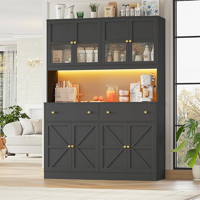 FINETONES 71" Pantry Cabinet with LED Light and Charging Station, Farmhouse Kitchen Pantry Cabinet with Microwave Stand, 47.2" Wide Kitchen Hutch Food Pantry with Open Countertop, Black