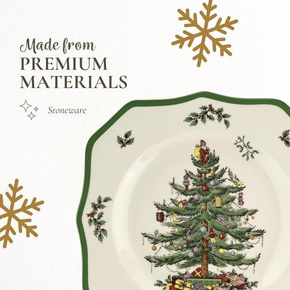 Spode Christmas Tree Scalloped Dinner Plate (Set of 4) - Holiday Stoneware Large Plates - 10.5 Inch Christmas Dinner Dishes, Colorful Gifts & Mistletoe Accents - Dishwasher & Microwave Safe