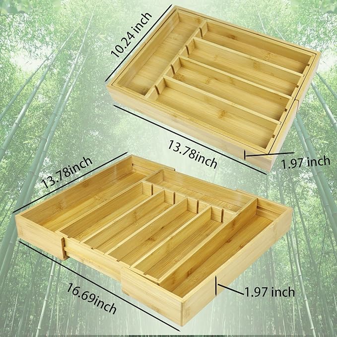 Kitchen Bamboo Silverware Drawer Organizer - Expandable Utensil Organizer for Flatware, Adjustable Cutlery & Knives. Ideal Utensil 7 Slots Total Drawer Organizer for Kitchen, Natural