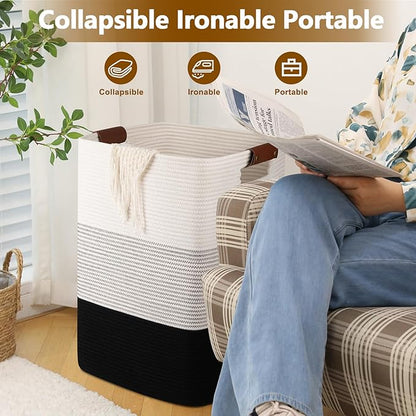 Laundry Hamper 96L Extra Large Laundry Basket, Woven Blanket Basket, Cotton Woven Storage Hamper with Handles for Living Room, Large Baskets for Pillows, Blankets, Clothes-Gradient Black