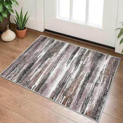 Modern Abstract Entryway Rug Indoor 2x3 Washable Rug Non-Slip Soft Small Area Rug Dark Light Brown White Kitchen Mats Thin Print Faux Wool Floor Carpet Throw Rugs Backdoor Mat for Entry