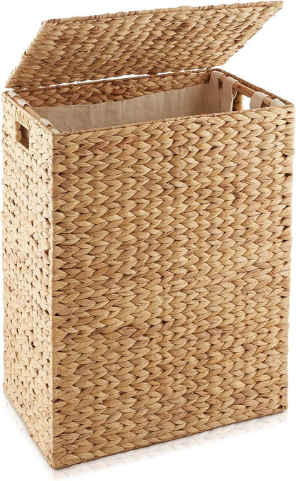 Casafield Large Laundry Hamper with Lid and Removable Liner Bag - Natural, Woven Water Hyacinth Rectangular Laundry Basket Sorter for Clothes and Towels