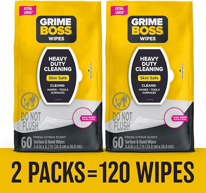 Grime Boss Heavy Duty Surface and Hand Wipes (2x60ct) | Wet Wipes Remove Paint, Oil, Grease, Adhesives, Mud, Dirt | Shop Wipes Replace Cleaners like Rags, Towels, Pumice, Soap