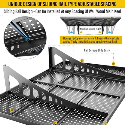 2Pack 2x3ft Adjustable Metal Garage Wall Shelving Heavy Duty Garage Storage Shelf Wall Mounted Black