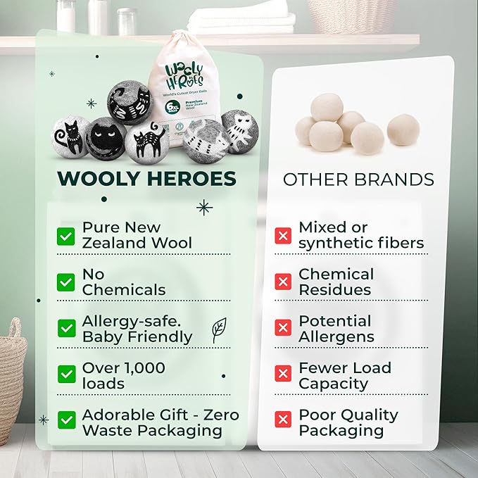No More Dryer Sheets! Reusable Wool Dryer Balls XL 6-Pack - Reduces Static, Cuts Dry Time, & Softens Naturally