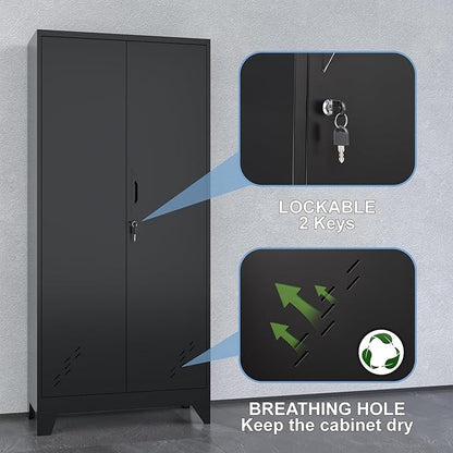 Metal Storage Cabinet with Locking Doors, 61" Tall Garage with Hanging Rod, Broom Closet, Freestanding Bathroom Storage Cabinet, Cleaning Tool,Black