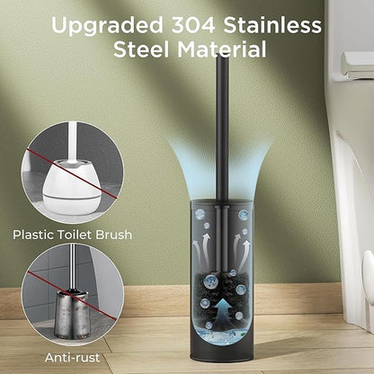 Toilet Brush and Holder Set, Toilet Bowl Brush with Heavy Duty 304 Stainless Steel Base and Extra Long Handle, Toilet Bowl Cleaners Brush for Bathroom (Matte Black)