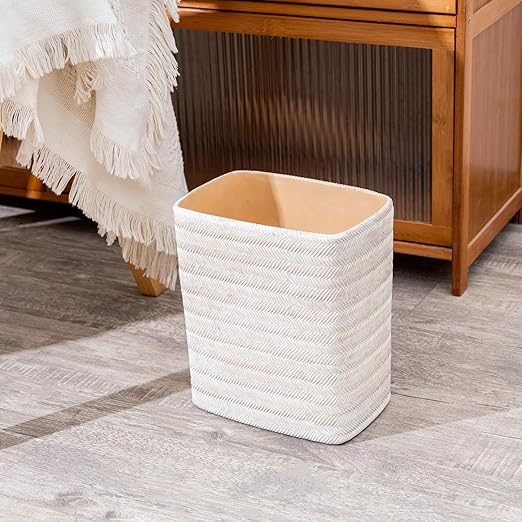 Polytree Bathroom Trash Can 1.8 Gallon Small Kitchen Garbage Can,Decor Wastebasket for Bedroom Office,Resin Hand-Carved Bamboo Wicker,Farmhouse White