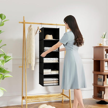Hanging Closet Organizer and Storage 5-Shelf, Easy Mount Foldable Hanging Closet Wardrobe Shelves, Clothes Handbag Shoes Accessories Storage, Washable Oxford Cloth Fabric, Black