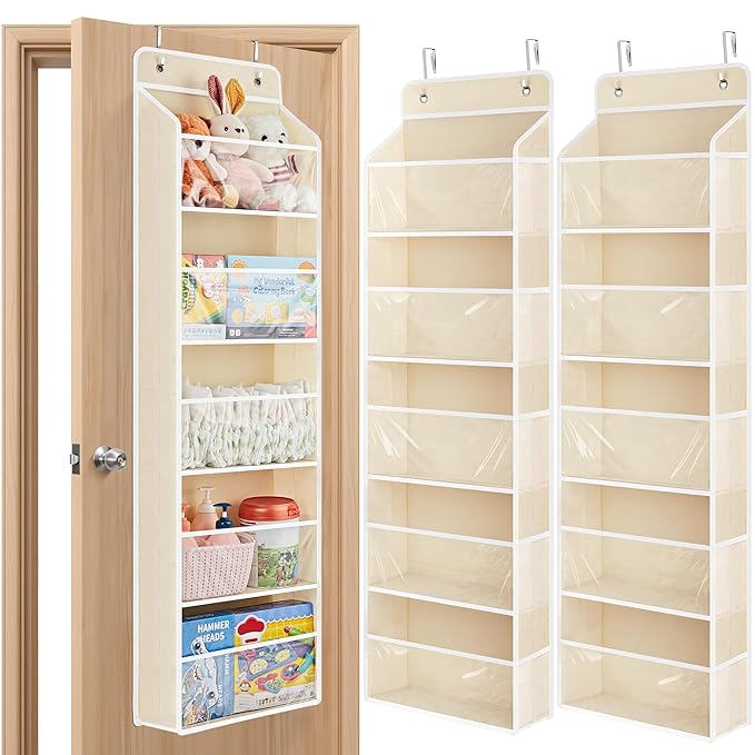 JARLINK 2 Pack Toy Stuffed Animal Storage, Over The Door Organizer W/Clear View Windows, 44lb Load, Baby Toy Storage Organizer for Nursery, Kid Bedroom, Newborn Baby Essentials (Beige)