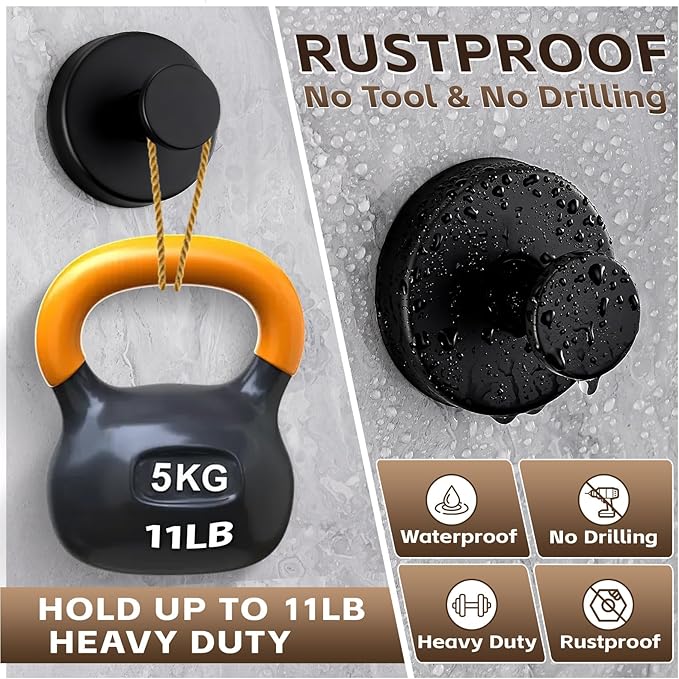 Reusable Heavy Duty Suction Cup Hooks for Kitchen/Bathroom/Shower - Wet-Proof Hooks for Towels, Robes, Loofah&Wreaths/No Drill Mounting on Glass, Tile, Metal (4, Matte Black)