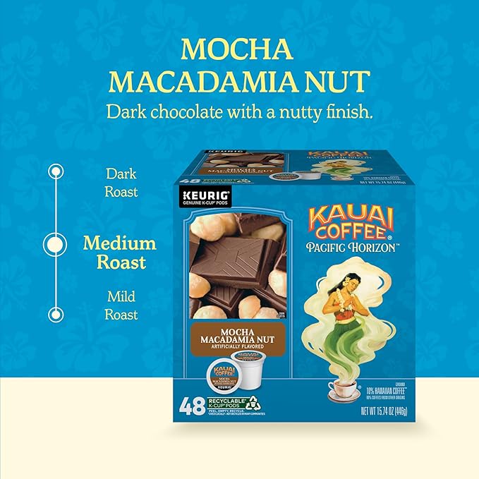Kauai Coffee K-Cup Pods for Keurig Brewers – Arabica Coffee, 10% Hawaiian – Medium Roast, Savory and Chocolatey Aroma – Mocha Macadamia Nut, 1 Pack of 48 Single Serve K-Cups