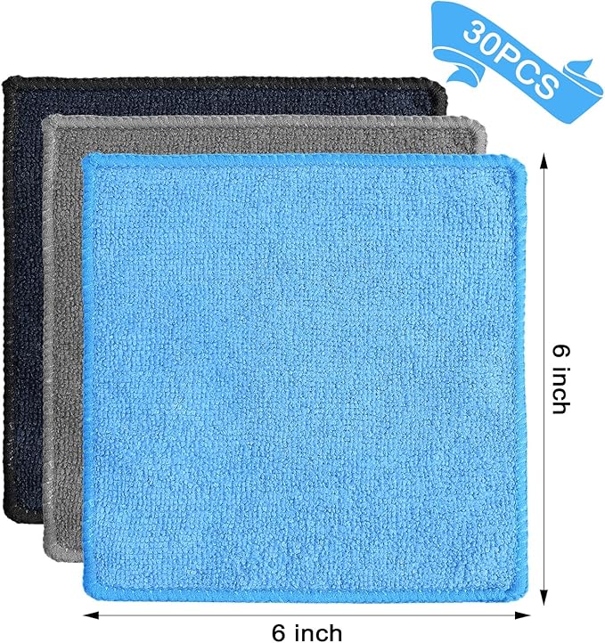 Tanlade 30 Pcs Microfiber Cleaning Cloth 6"x6" Cleaning Rags Reasonable Kitchen Towels Microfiber Towels Cars Wash Dry Erase Cloth (Blue/Gray/Black)