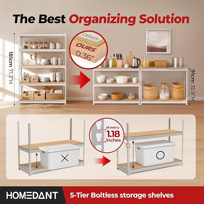HOMEDANT White 5 Tier Laminated Boltless Heavy Duty Garage Storage Adjustable Wide Size Metal Shelving Unit Utility Rack Shelves Organization Shelf Shed Warehouse 47.7" W x 18.2" D x 71.3" H 2Pack