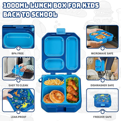 Itslife Bento Lunch Box Set for Kids with 12oz Soup Thermo&Lunch Bag, Leak-Proof Lunch Food Containers for Kids School, 5 Compartment, Sauce Cup, 10 Notes (Blue Dinosaurs)