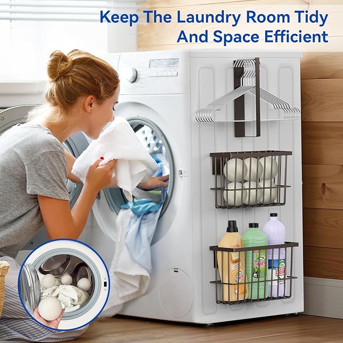 Magnetic Dryer Ball Holder and Magnetic Hanger Holder for Laundry Room Organization and Storage, Magnetic Lint Bin for Laundry Room, Iron Basket Dryer Ball Container for Laundry Room Storage (Brown)