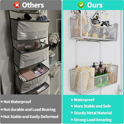 HapiRm Over The Door Organizer - Hanging Door Organizer with 4 Metal Large Capacity Baskets and Adjustable Coat Hook for Bathroom Bedroom Kitchen Pantry Closet Cabinet