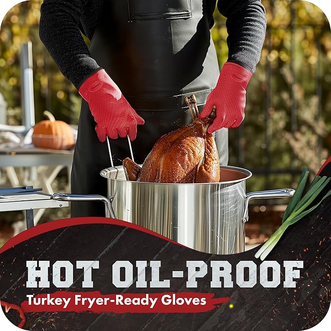 KITCHEN PERFECTION XL Silicone Smoker Oven Gloves-Extreme Heat Resistant BBQ Gloves-Handle Hot Food Right on Your Grill Fryer&Pit|Waterproof Grilling Cooking Baking Mitts|Superior Value Set+3 Bonuses