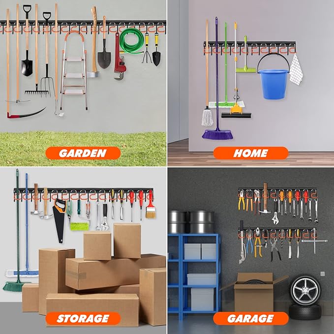 17'' All Metal Garden Tool Organizer Adjustable Garage Tool Organizer Wall Mount Garage Organizers and Storage with Heavy Duty Hooks Tool Hangers for Garage Wall, Shed, Garden