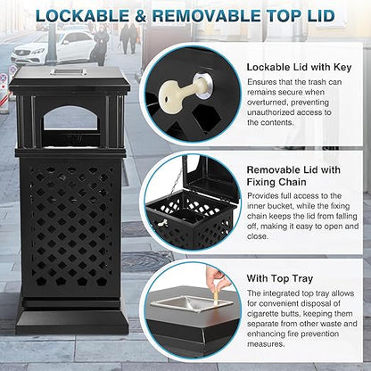 IRONWALLS Indoor/Outdoor Trash Can with Lid, Heavy Duty Steel Garbage Can with Removable Bin, Locking Lid, 16”x16”x35.4” Dual Sided-Open Commercial Trash Can Large for Patio, Backyard, Office, Black