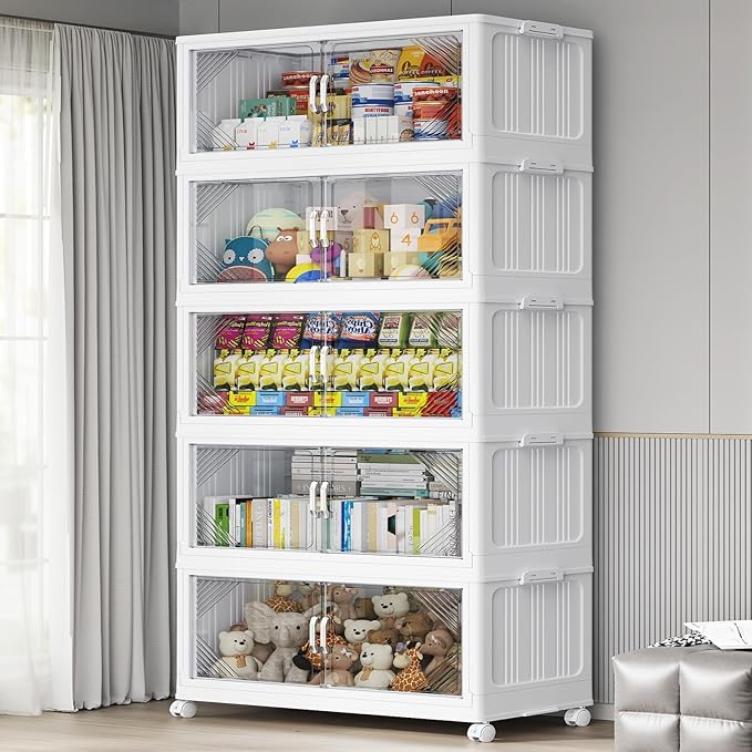 175Gal Plastic Stackable Storage Bins with Lid, 700QT Extra Large Closet Organizers Collapsible Cabinets Boxes With Drawers, Foldable Containers with 4x Wheels for Home Kitchen, V60 5Pack White