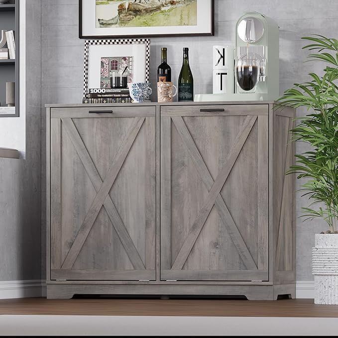 Tilt Out Trash Can Cabinet for 2 Bins, Hidden Recycle Garbage Bin Enclosure, Wooden Double Laundry Cabinet with Odor Control, Negative Ion & Ozone, for Kitchen, Bathroom, Laundry Room