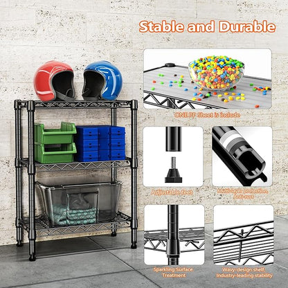 750 lbs 3 Tier Shelf Metal Storage Shelves Wire Rack Closet Organizers with PP Board for Garage Kitchen Bathroom Laundry Black 11.8" D x 21.7" W x 28.6" H