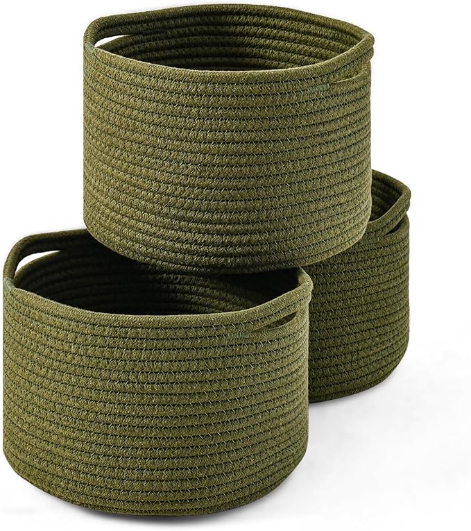 Small Storage Baskets for Organizing, Organizer Baskets for Shelves, Green Woven Basket for Storage Decor, Small Decorative Cotton Rope Basket, 9.7"×9.7"×7" (3 Packs) Green
