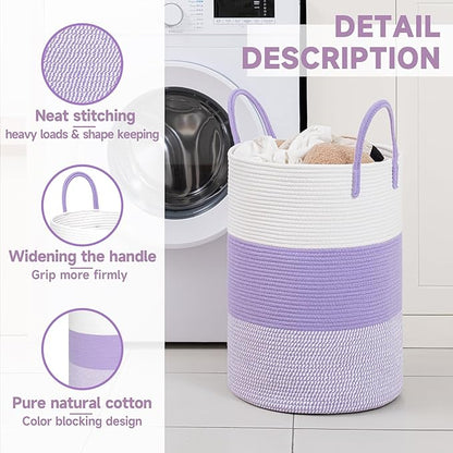 CLHMILY&Z 60L Laundry Basket Round Storage Rope Basket - 15x20.5 Inches - Lavender Hamper in Bedreoom and Cute Storage Bin for Blankets, Toys, and Nursery Essentials