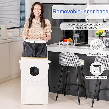 Efluky Recycling Bin 100L, 26 Gallon, Beige, D-Shaped, Oxford Fabric, 17.32"L x 12.9"W x 11.46"H, 2 Removable Inner Bags, Lightweight, Open-Top, Cycling, Kitchen