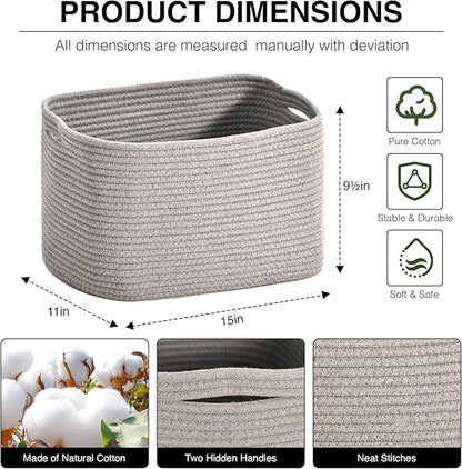 Woven Cotton Rope Storage Basket for Organizing, Cute Decorative Baskets for Gifts Empty, Organizer Bins for Dog Toy, Baby Laundry, 15“×11”×9.5“, Light Grey