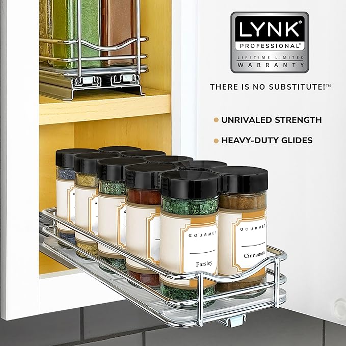 LYNK PROFESSIONAL® Pull Out Spice Rack Organizer for Inside Kitchen Cabinets - 4-1/4 inch Wide - Slide Out Drawer – Chrome Sliding Spice Cabinet Organization Shelf Racks - 1 Tier